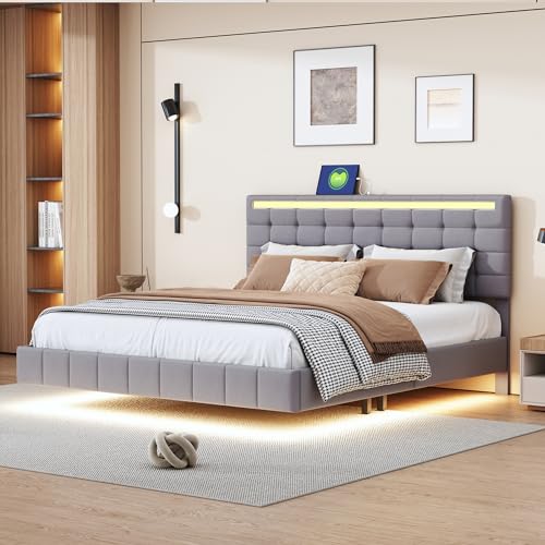 Moimhear Polsterbett, gepolsterter Schwebebettrahmen mit LED-Leuchten und Kopfteildesign, flächiges Doppelbett-Gästebett in hautfreundlichem Leinen (Grau, 160x200cm) von Moimhear