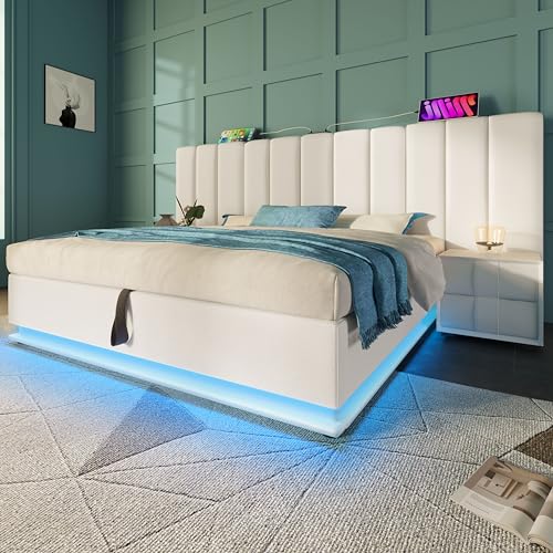 Moimhear Polsterbett,Doppelbett Stauraumbett mit App Control LED und USB-C Ladefunktion,Leinen,Ohne Matratze und Nachttisch (Weiß, 180x200 cm) von Moimhear