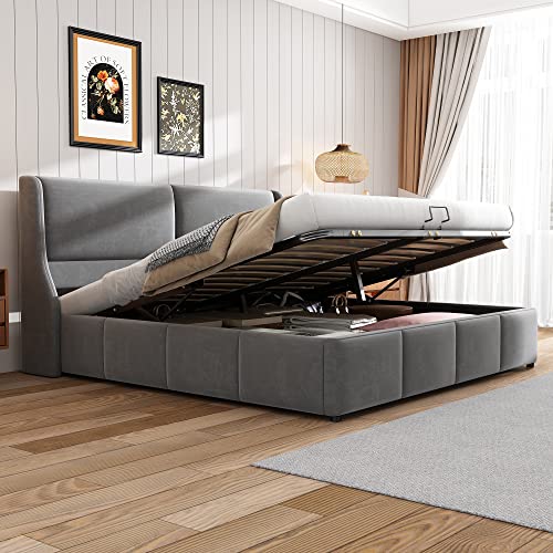 Moimhear Polsterbett,Ohrform,Kissenkopfteil,Doppelbett,hydraulisches Funktionsbett,grau (180 x 200CM) von Moimhear
