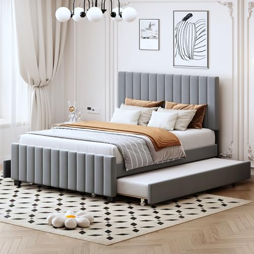 Moimhear Polsterbett 140 x 190 cm mit Ausziehbett,mit Zwei Schubladen,flaches Doppelbett in hautfreundlichem Samtstoff Kinderbett Jugendbett Gästebett,(ohne Matratze) (Grau) von Moimhear