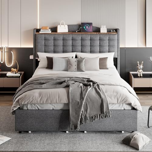 Moimhear Polsterbett 140x200cm, Nachttisch mit USB-Ladeanschluss und Ablage, Doppelflachbett mit 4 Schubladen, Leinenstoff (Dunkelgrau) von Moimhear
