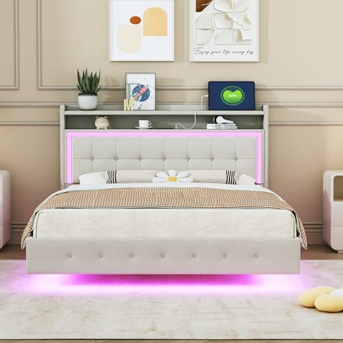 Moimhear Polsterbett 140x200cm, mit USB-Steckdose und LED-Licht, Bett kann am Kopfende des Bettes platziert Werden, verstecktes Fußdesign, Doppelflachbett, Leinenstoff (140x200cm) von Moimhear