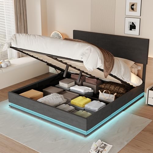 Moimhear Polsterbett 140x200cm Bettrahmen, Doppelbett mit Stauraum, LED-Bettrahmen mit USB-Ladefunktion, Staubettfunktion Samtbettrahmen (dunkelgrau, 140x200cm) von Moimhear