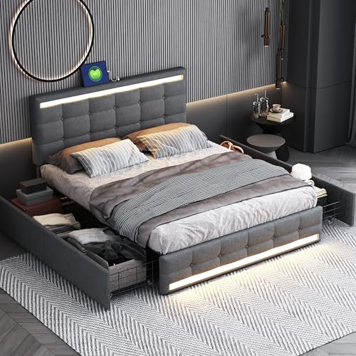 Moimhear Polsterbett 140x200cm mit 4 Schubladen und 2 USB-Ladepunkten, LED-Kopf- und Fußteil, gepolstertes Plattformbett mit Stauraum, Leinenstoff (Grau) von Moimhear