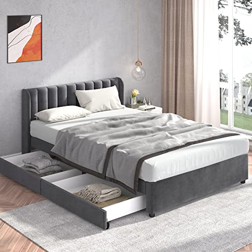 Moimhear Polsterbett 160 x 200 cm, Doppelbett Flanell Mit Lattenrost Rückenlehne 2 Schubladen (Grau (160X200cm)) von Moimhear