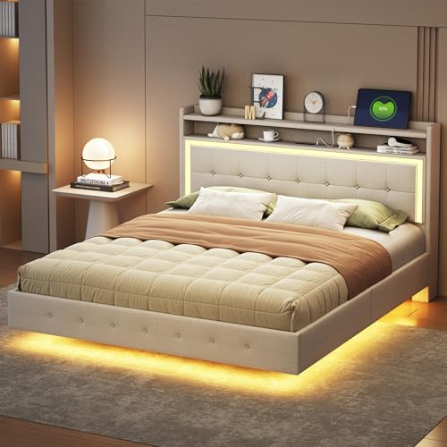 Moimhear Polsterbett 160X200, mit USB-Steckdose und LED-Licht, Bett kann am Kopfende des Bettes platziert Werden, verstecktes Fußdesign, Doppelflachbett, Leinenstoff von Moimhear