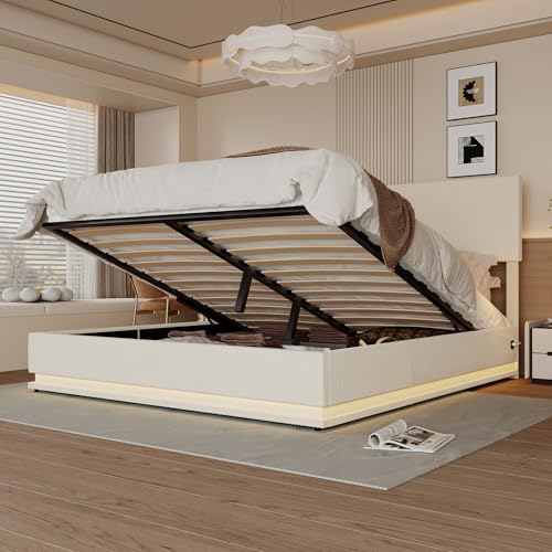 Moimhear Polsterbett 160x200cm Bettrahmen, Doppelbett mit Stauraum, LED-Bettrahmen mit USB-Ladefunktion, Staubettfunktion Samtbettrahmen (beige, 160x200cm) von Moimhear