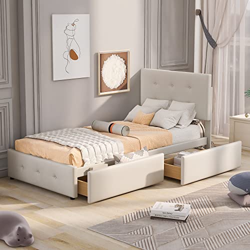 Moimhear Polsterbett 90 x 200 cm Bett mit Lattenrost, Rückenlehne und Zwei Schubladen, hautfreundlicher Samtstoff, Einzelbett Kinderbett Jugendbett Gästebett (ohne Matratze) (Beige) von Moimhear