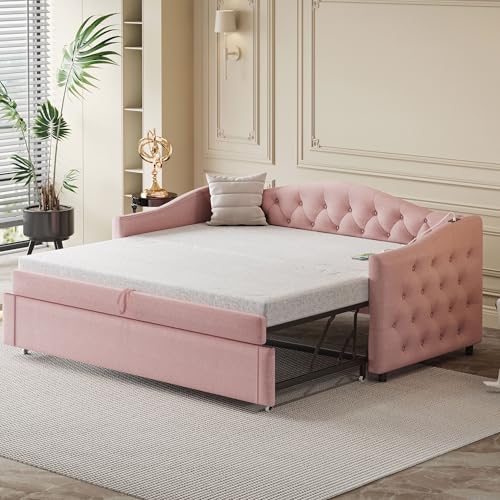 Moimhear Polsterbett Ausziehbares Schlafsofa, 90x200 cm, Mit USB-Anschluss, Klassische Form mit Knöpfen mit Lattenrost, Multifunktionsbett - Gästebett, Leinenstoff (Rosa) von Moimhear