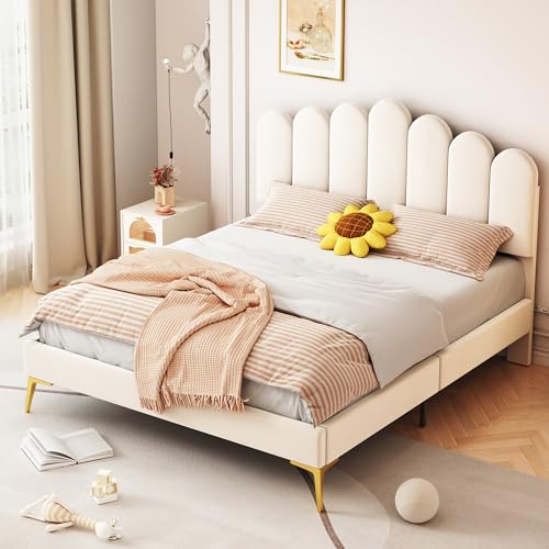 Moimhear Polsterbett Doppelbett 140 x 200 cm, Bettgestell mit Kopfteil und Lattenrost, Erwachsenen-Jugendbett-Gästebett in hautfreundlichem Samtstoff (Beige) von Moimhear
