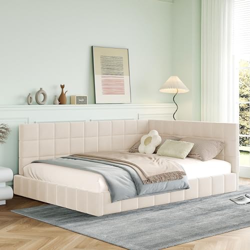 Moimhear Polsterbett Schlafsofa, Multifunktionsbettmit LED Lichtleiste, USB Steckdose und Lattenrost, hautsympathischer Samtstoff (Beige, 140x200cm) von Moimhear