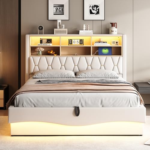 Moimhear Polsterbett mit hydraulischem Stauraum, APP Dream Light Bar, USB-Ladeanschluss, Metalllattenrost, Bettwäsche, ohne Matratze (Beige, 180×200 cm) von Moimhear