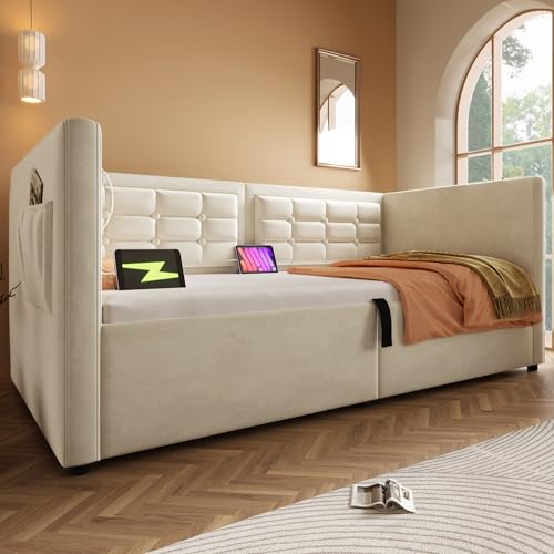 Moimhear Polstertes Sofabett, Einzelbett Schlafsofa, mit Hydraulischem Stauraum und USB & Type-C Ladestation, Gästebett mit Holzlattenrost, Samt (Beige, 90x200cm) von Moimhear