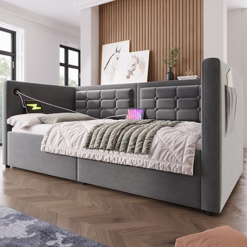 Moimhear Polstertes Sofabett, Einzelbett Schlafsofa, mit Hydraulischem Stauraum und USB & Type-C Ladestation, Gästebett mit Holzlattenrost, Samt (Grau, 90x200cm) von Moimhear
