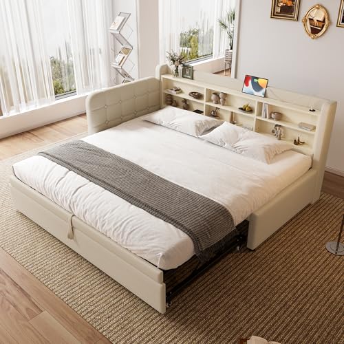 Moimhear Pull-Out Daybed 90x200cm Extends to 180x200cm | Multifunctional Sofa Bed with USB/Type-C Charging, Storage Shelves, Slatted Base, Linen Fabric,(Mattress Not Included) (beige) von Moimhear
