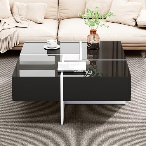 Moimhear Quadratischer Hochglanz-Couchtisch, 70x70x35 cm, mit integrierten Ablagefächern und 4 stabilen Schubladen, max. Tragkraft 30kg (Hauptteil schwarz+Teil weiß) von Moimhear