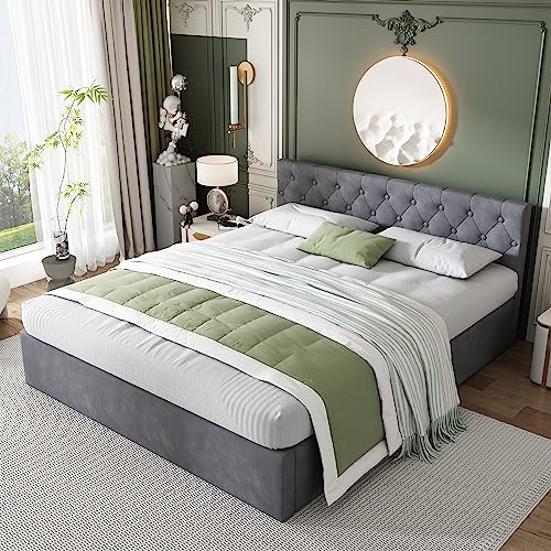 Moimhear Samtpolsterbett, 140x200cm, geknöpftes Kopfteil, Doppelbett, hydraulisches Bett mit Stauraum, Lattenrost, Grau von Moimhear