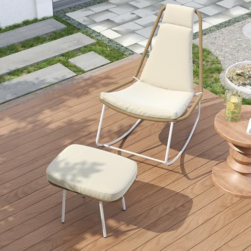 Moimhear Schaukelstuhl-Set 2-teilig Balkonmöbel-Set, aus verzinktem Stahl, handgeflochtenes Seil, mit Fußstütze, Stuhltragkraft 160 kg, Beige und Braun von Moimhear