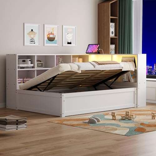 Schlafsofa, 90x200cm, mit Mehreren Staufächern, mit Lichtleiste, hydraulisches Bett, Massivholzbett, Einzelbett, multifunktionales Holzbett (Weiß) von Moimhear