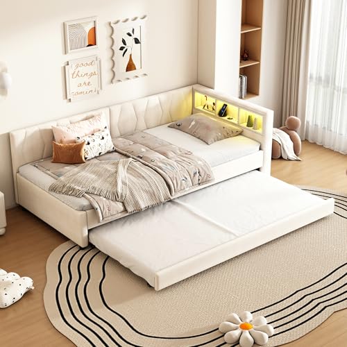 Moimhear Schlafsofa, USB+Typ C Anschluss, LED-Stimmungsbeleuchtung Fernbedienung, mit Ausziehbett, mit Lattenrost (ohne Matratze), Bettwäsche (Beige, 90x200cm) von Moimhear