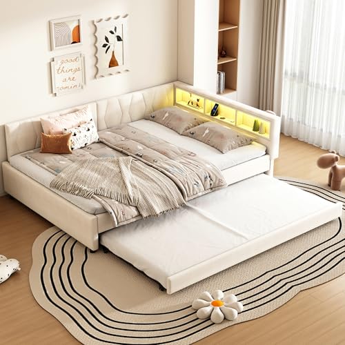 Moimhear Schlafsofa, USB+Typ C Anschluss, LED-Stimmungsbeleuchtung Fernbedienung, mit Ausziehbett, mit Lattenrost (ohne Matratze), Bettwäsche (Beige,Stil 1, 140x200cm) von Moimhear