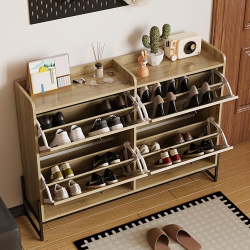 Moimhear Schuhschrank mit 4 Klappen, Einstellbarer Schuhregal, schmaler, Schuhschrank schmal, Schuhregal Schuhkipper, Diele Flur (121x25x91.5cm, Holzfarbe) von Moimhear