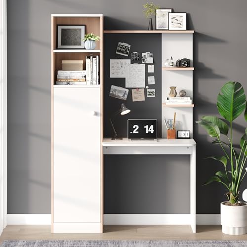 Moimhear Schreibtisch mit Aufbewahrung, mit Stabholzkontrast, unterer Schrank mit Türen und oberes offenes Regal, Büro-Design (123.5x45x168.5cm, Holzfarbe+Weiß) von Moimhear