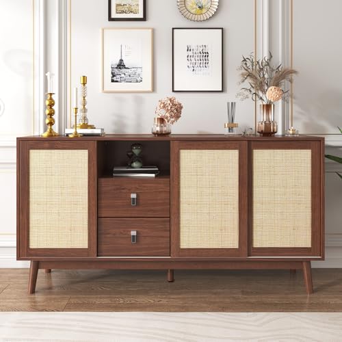 Moimhear Sideboard,155x38x80cm, mit 3 Schiebetüren aus echtem Rattan und 2 Schubladen, atmungsaktiv, stabil und vielseitig (Braun+Holz) von Moimhear