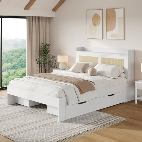 Moimhear Stauraumbett 140x200cm, Doppelbett, Massivholzbett mit Rattan-Dekor, Schubladen, mit Stauraum, für Erwachsene und Jugendliche geeignet, weiß von Moimhear