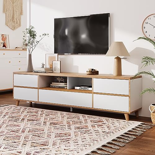 Moimhear TV-Schrank, Lowboard, Wohnzimmermöbel in Weiß und Holzfarben. Fächern und Türen im natürlichen Landhausstil. von Moimhear