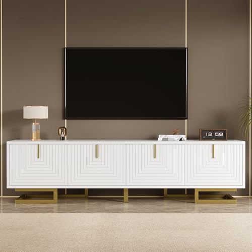 Moimhear TV-Schrank, Lowboard mit strukturierten Türen, 160x38x44.5cm, TV-Möbel, goldene Griffe und goldene Beine (Weiß + Gold) von Moimhear