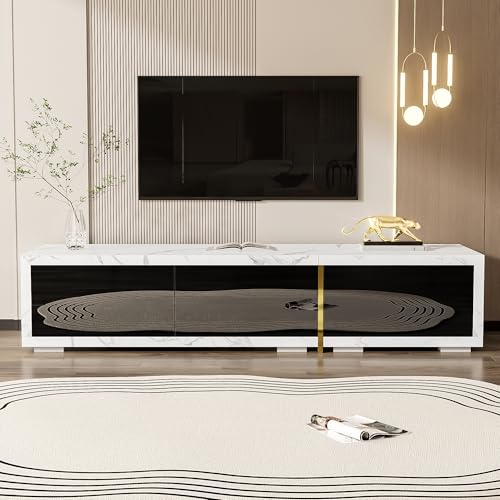 Moimhear TV-Schrank mit Variabler Länge (140-260 cm), drehbarer Funktion, weißer Marmoroptik, schwarzem Hochglanz-Matt-Finish und goldenen Verzierungen von Moimhear