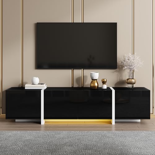 Moimhear TV-Ständer mit niedrigem Schrank, hochglänzend schwarzem Schrank mit kontrastierenden weißen,Türen und Schubladen, Mit LED-Lichtleiste (Schwarze Grundfarbe) von Moimhear