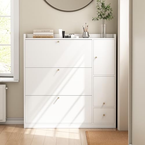 Moimhear Vielseitiger Kipp-Schuhschrank mit 3 Klappschubladen, Stauraum-Eingangsorganizer, Freistehendes Schuhregal mit herunterklappbarer Sitzbank (Stil 7, weiß, 119x24x112cm) von Moimhear