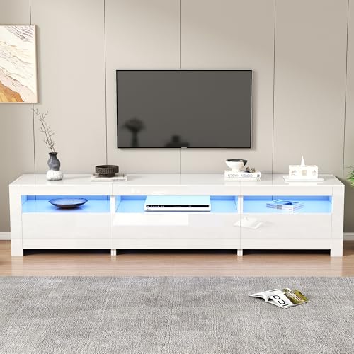 Moimhear Weißer Hochglanz-TV-Schrank mit LED-Beleuchtung und Stauraum, niedriges Paneel, passend für 80-Zoll-Fernseher, mit Falttüren, 190x24x40cm von Moimhear