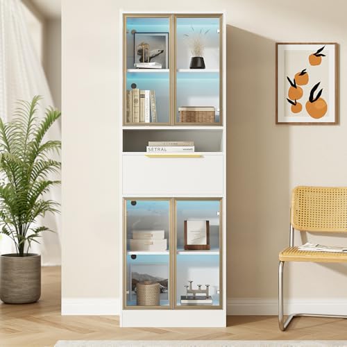 Moimhear Weißer Hochschrank mit 16-Farb-LED, 60×35×180cm, Vitrine mit Glasfront & Schublade, Büro oder Schlafzimmer–MDF & Sicherheitsglas von Moimhear