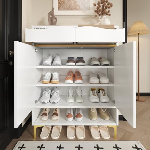 Moimhear Weißer Schuhschrank mit LED in 16 Farben - Flurschrank, 80×35×105cm mit Schubladen und Einlegeböden - Stauraum, Flur, Wohn- und Eingangsbereich von Moimhear