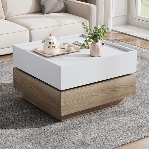 Moimhear Wohnzimmer Couchtisch, 360° drehbar, Schwenkbare Tischplatte mit 2 Ablagen und Stauraum, Gestell Wohnzimmer Beistelltisch, 60x60x38cm (Weiß+Holzfarbe) von Moimhear