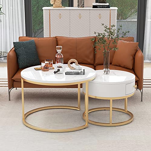 Moimhear Wohnzimmer Tische, Kaffeetische, Nesting Couchtisch Hochglanz Marmormuster 2er Set runde Couchtische Runder Nested Beistelltisch (Weiß) von Moimhear