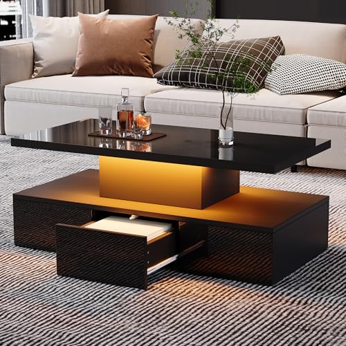 Moimhear Zweistufiger Couchtisch, 100x50x39cm, mit 16-farbigem LED-Licht, Hochglanz-Wohnzimmertisch, mit Ausstellungsregal und 1 Schiebeschubladen, schwarz Moimhear Zweistufiger Couchtisch, 100x50x39cm, mit 16-farbigem LED-Licht, Hochglanz-Wohnzimmertisch, mit Ausstellungsregal und 1 Schiebeschubladen, schwarz von Moimhear