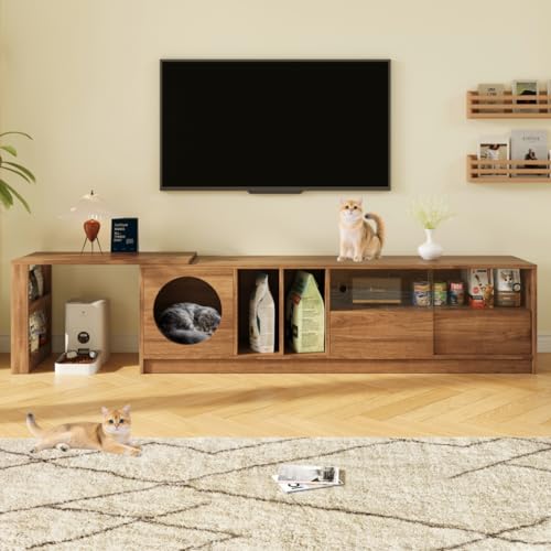 Moimhear drehbarer Fernsehschrank, ausziehbar, stahlverstärkten Glastüren, Katzenruheraum (ohne Katzenkissen), Nussbaumfarben (TV-Ständer 2, 180(+80)×40×51.5cm) von Moimhear