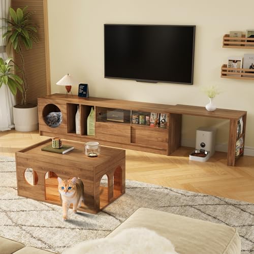 Moimhear drehbarer TV-Schrank+Couchtisch, Wohnzimmer-Kombinationsmöbel-Set, Haustier-Möbel, TV-Schrank mit Katzenkorb, Nussbaum-Möbel-Set (Set 2) von Moimhear