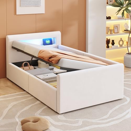 Polsterbett, Kinderbett 90x200cm, Mit LED-Licht, Mit Nachtlicht, Mit Regal, Hydraulischem Stauraum, Einfaches Einzelbett, Samtstoff (Beige) von Moimhear