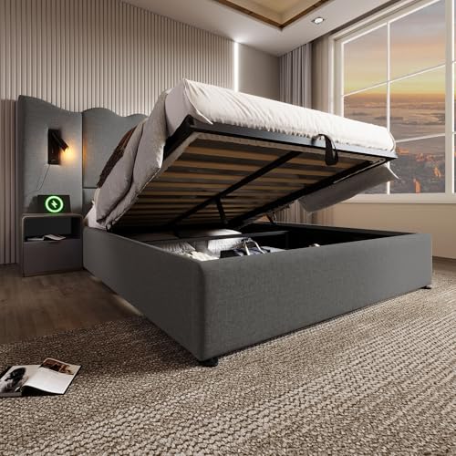 Polsterbett Doppelbett 160×200cm mit Leselampe und USB Type-C Ladefunktion, Stauraumbett Bettgestell mit Lattenrost aus Massivholz und Metall, Leinen(grau, 160x200cm) von Moimhear