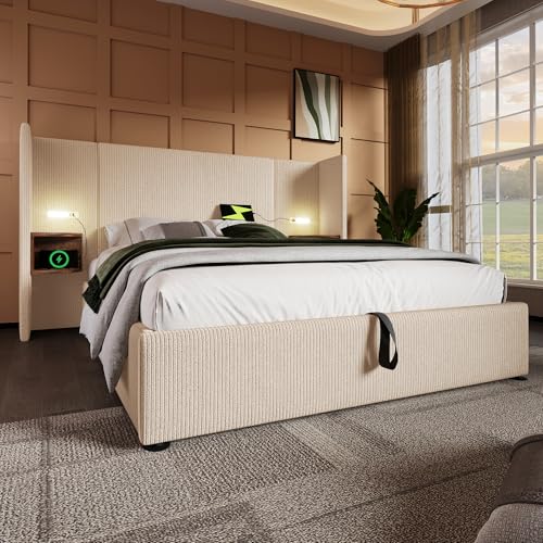 Polsterbett Doppelbett 160×200cm mit Nachttisch, Leselampe und USB Type-C Ladefunktion, Bettanlage Stauraumbett Bettgestell mit Lattenrost aus Massivholz und Metall (cremefarben, 160x200cm) von Moimhear