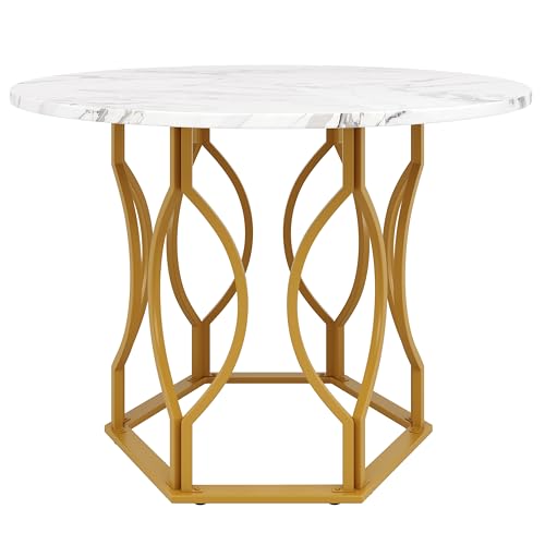 Runder Esstisch, Küchentisch, für 4, geeignet für Esszimmer, Tischbeine aus Metall, MDF marmorierte Tischplatte (Weiß+Gold (Modell 2), 100×100×76cm) von Moimhear