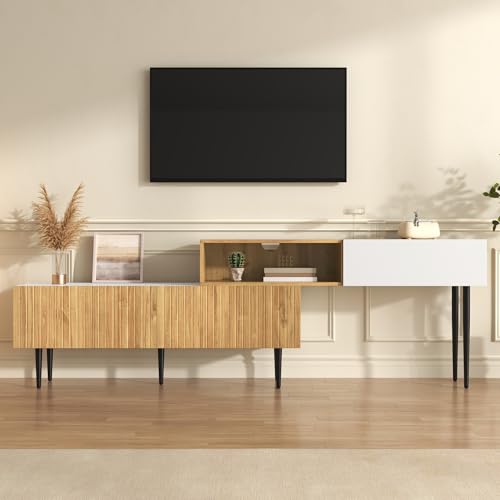 TV-Schrank mit Verstellbarer Länge, Modulares 2-teiliges Design, Holzoptik + Weiß matt, Schwarze Metallbeine, Wohnzimmermöbel, 130-220x30x63.4cm TV-Schrank mit Verstellbarer Länge, Modulares 2-teiliges Design, Holzoptik + Weiß matt, Schwarze Metallbeine, Wohnzimmermöbel, 130-220x30x63.4cm von Moimhear