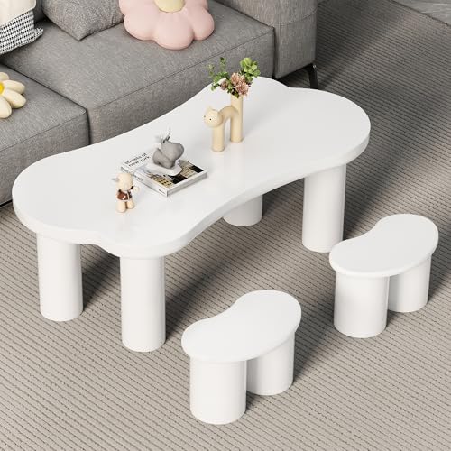 Unregelmäßiger Couchtisch in Knochenform mit 2 kleinen Bänken, großer Couchtisch 113x58x40.5cm Tischplatte aus MDF und Beine aus PVC mit Filzboden (Weiß) von Moimhear