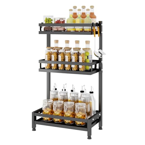 Mointal Stehend Küche Gewürzregal, 3-Stufig Arbeitsplatte Gewürz Lagerung Regal Veranstalter, Kondiment Gewürz Rack Gewürze Dosenhalter mit 4 Haken, Schwarz Mointal Stehend Küche Gewürzregal, 3-Stufig Arbeitsplatte Gewürz Lagerung Regal Veranstalter, Kondiment Gewürz Rack Gewürze Dosenhalter mit 4 Haken, Schwarz von Mointal