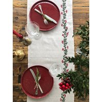 Holly Leinen Tischläufer, Handgedrucktes Geschenkideen, Weihnachtstischläufer, Einweihungsparty Geschenk, Weihnachtstisch Tischdekoration von Moiratelier